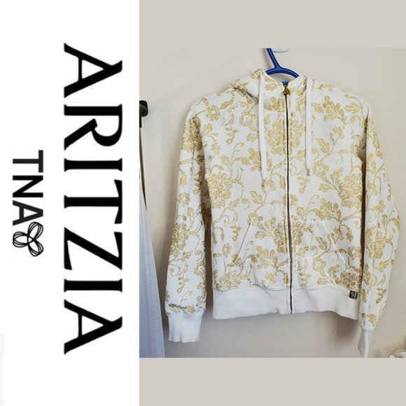 TNA Fleece Retro/Vintage Patterned Zip Up Hoodie in White & Gold - Picture 1 of 16